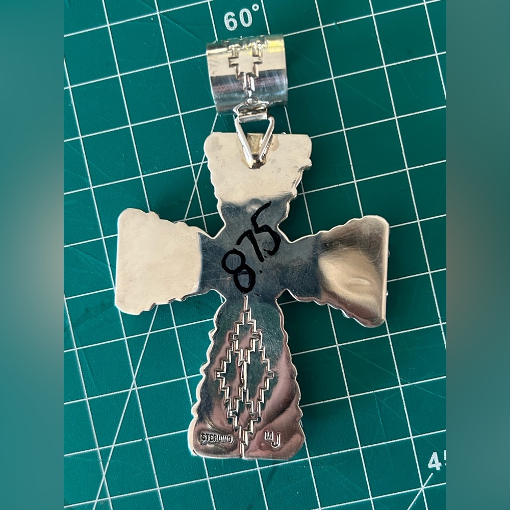 Navajo Kingman Turquoise Custom Made Sterling Silver Cross - Picture 4 of 5